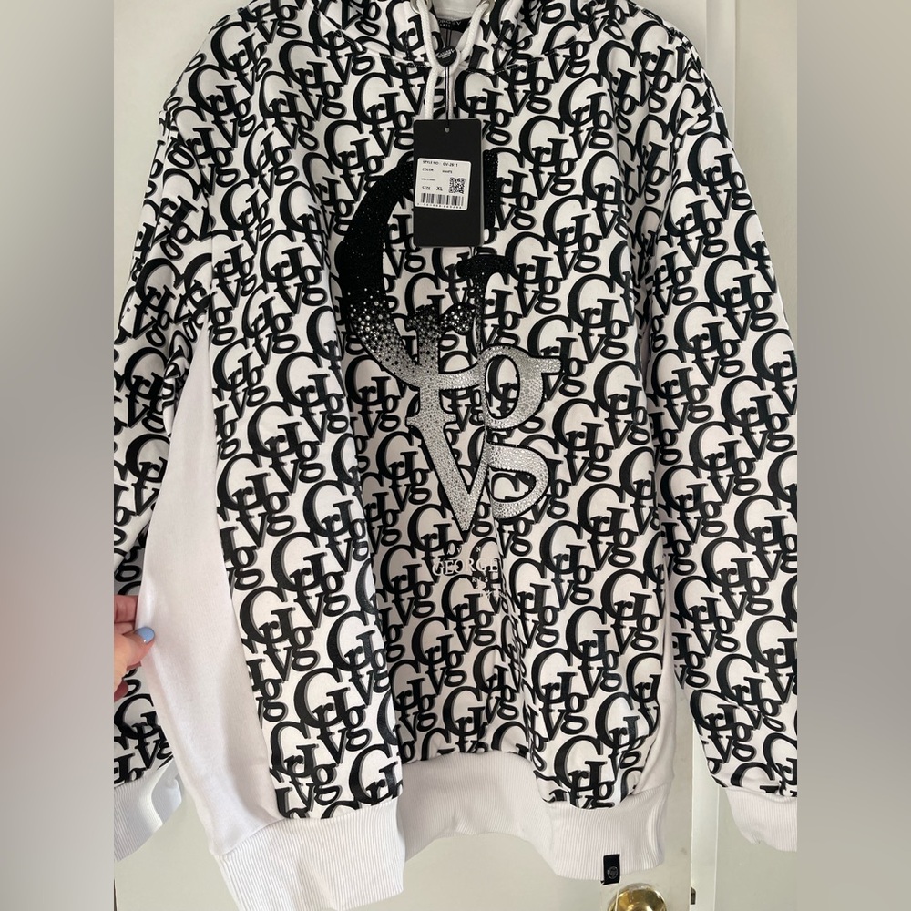 Avenue George V Paris White Hoodie long sleeve GV logo Rhinestone M 2XL NWT